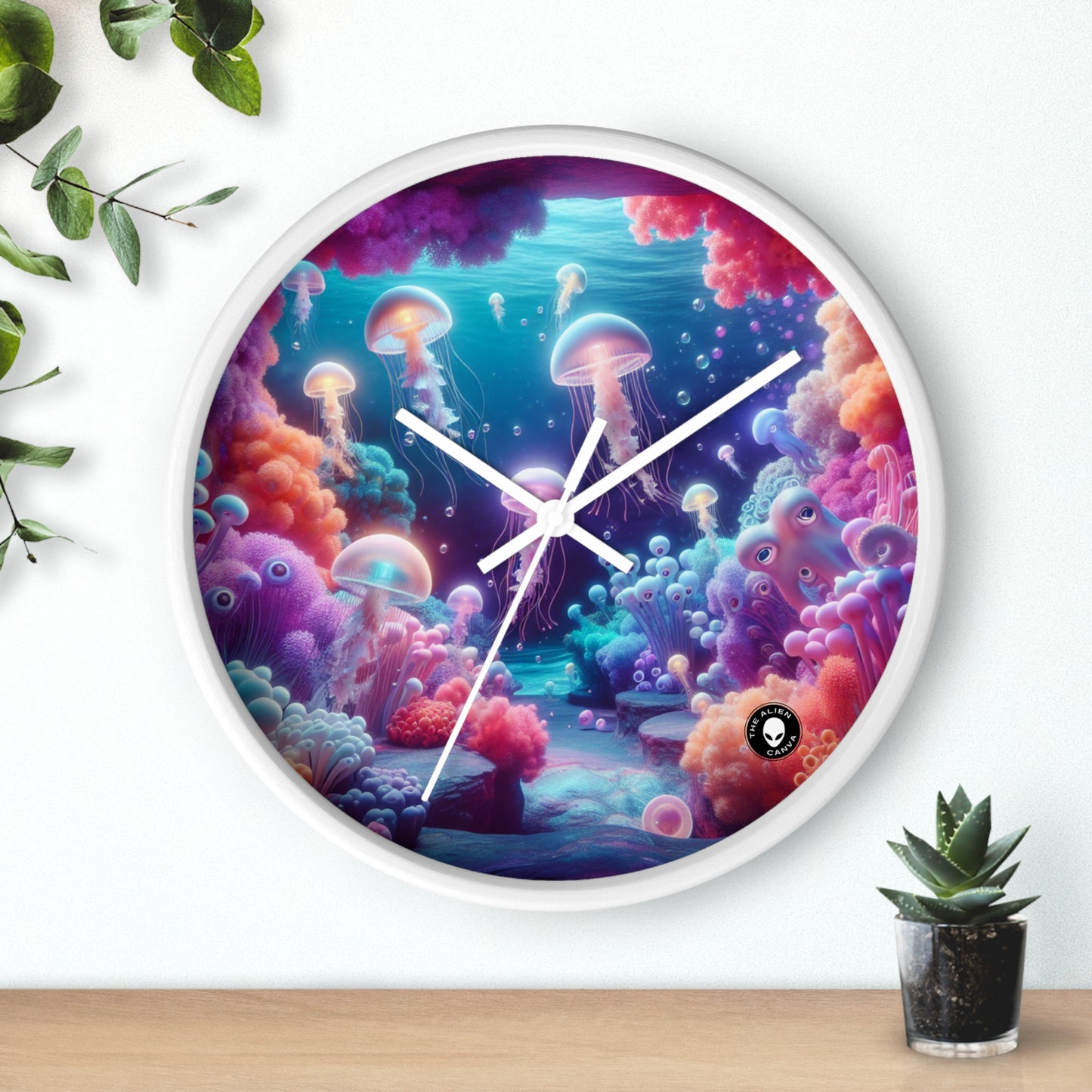 Enchanting Underwater Realm: Glowing Jellyfish and Curious Octopus - The Alien Wall Clock