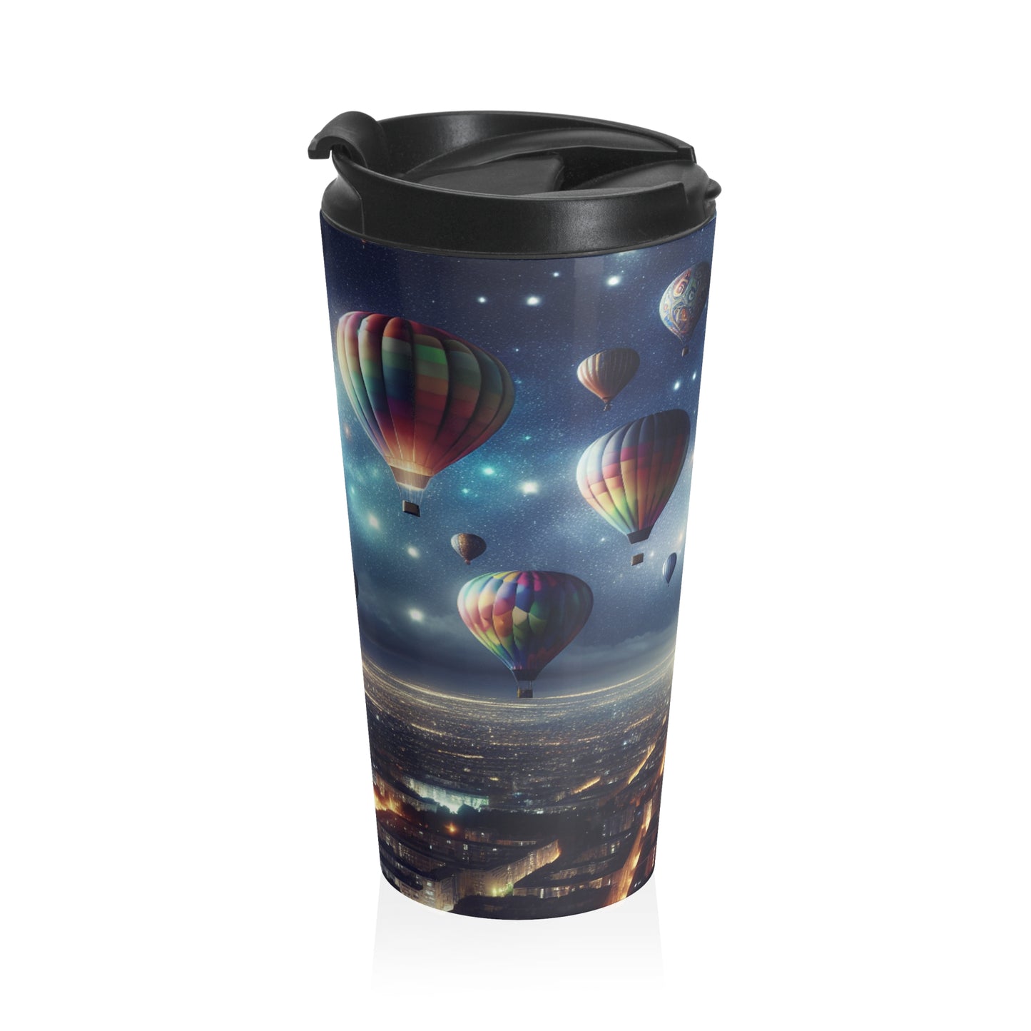 "Viaje nocturno estrellado: globos aerostáticos sobre la ciudad" - Taza de viaje de acero inoxidable de The Alien