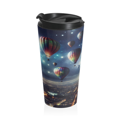 "Viaje nocturno estrellado: globos aerostáticos sobre la ciudad" - Taza de viaje de acero inoxidable de The Alien