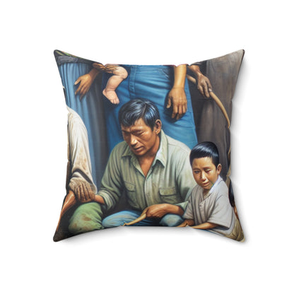 "Reaping Hope: A Migrant Family in the Garden" - The Alien Spun Polyester Square Pillow Social Realism Style