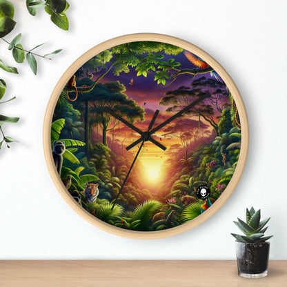 "Atardecer en la jungla: un encuentro salvaje" - El reloj de pared alienígena