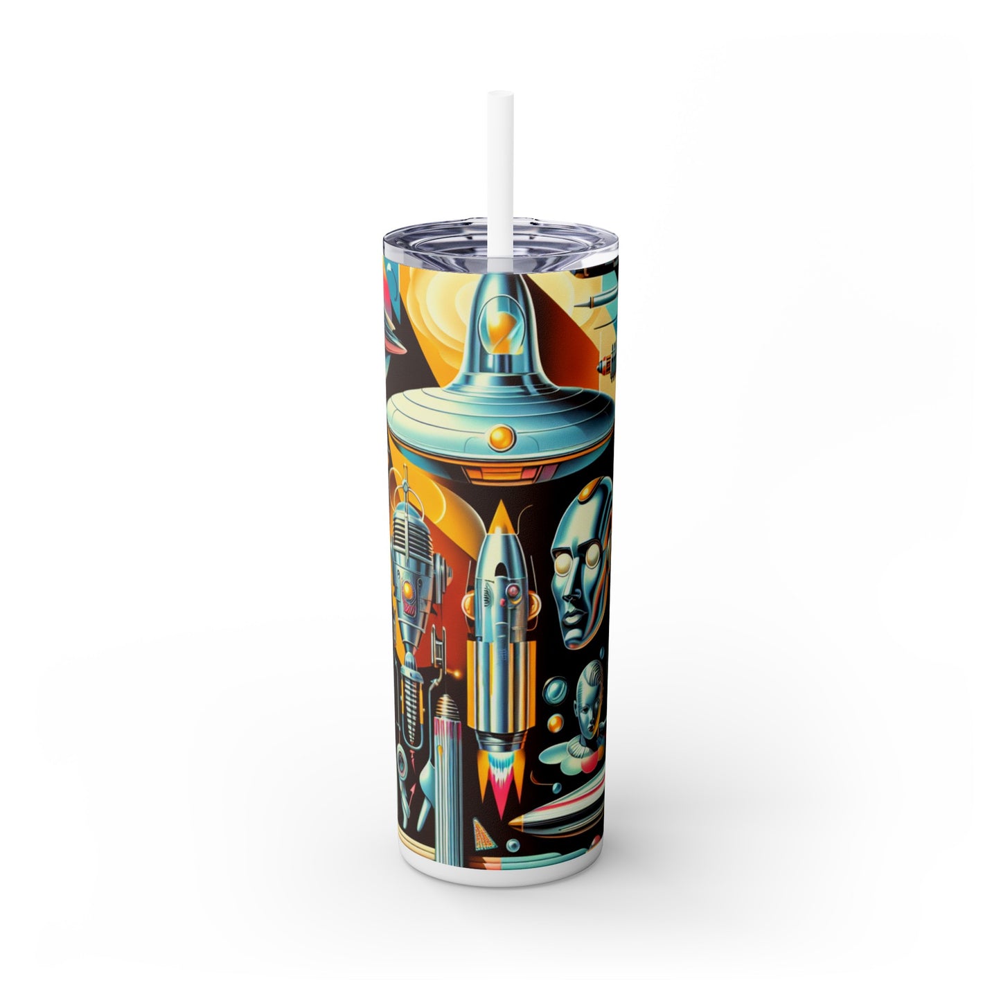 "Neon Deco: A Retro-Futuristic Utopia" - The Alien Maars® Skinny Tumbler with Straw 20oz Retro-futurism