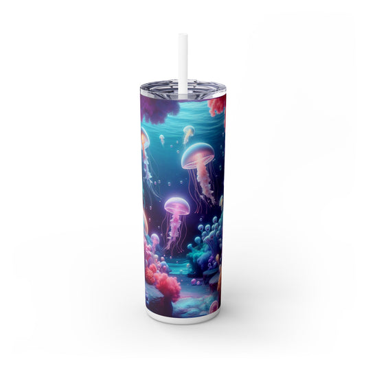 Enchanting Underwater Realm: Glowing Jellyfish and Curious Octopus - The Alien Maars® Skinny Tumbler with Straw 20oz