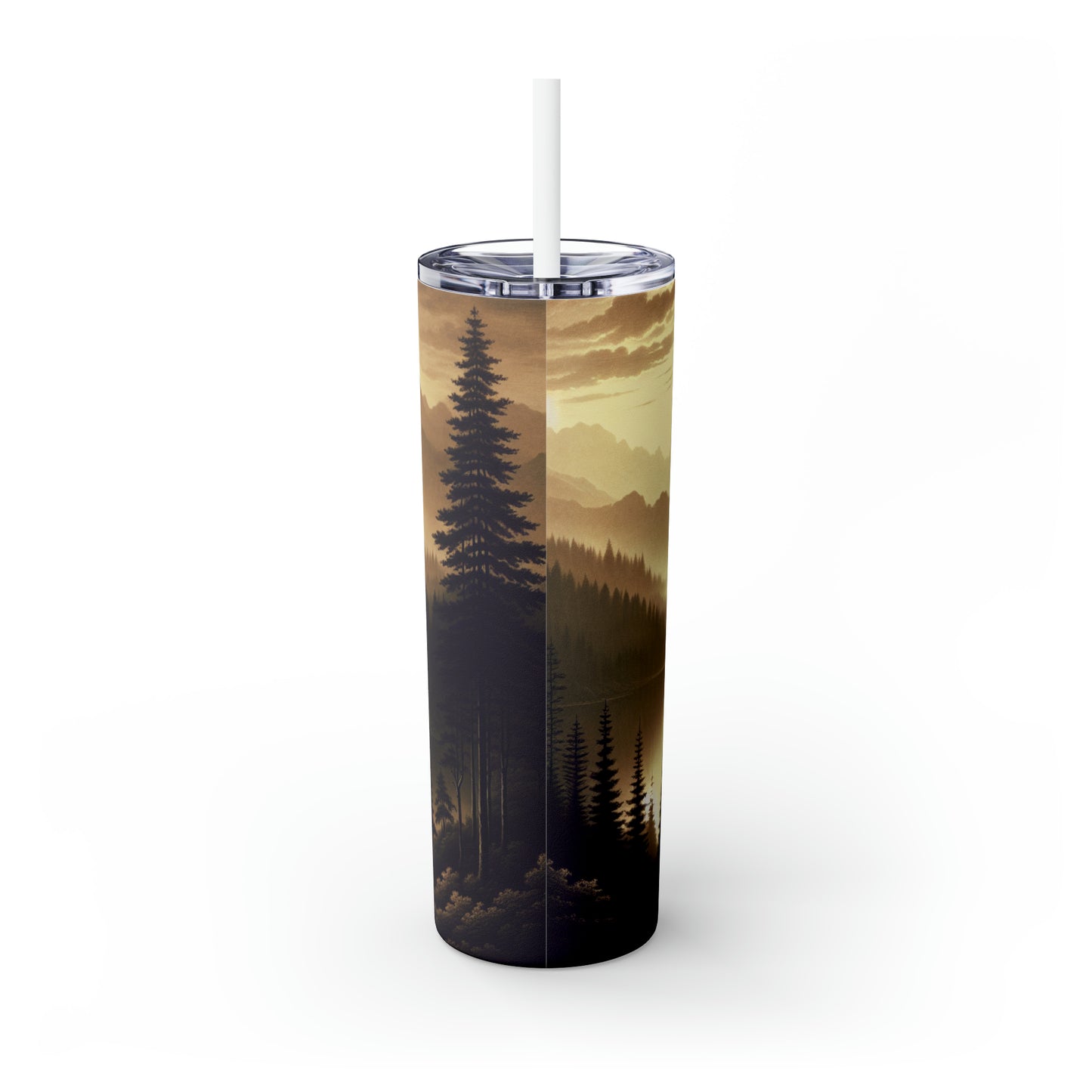 "Dawn at the Lake: A Foggy Mountain Morning" - The Alien Maars® Skinny Tumbler with Straw 20oz Tonalism Style