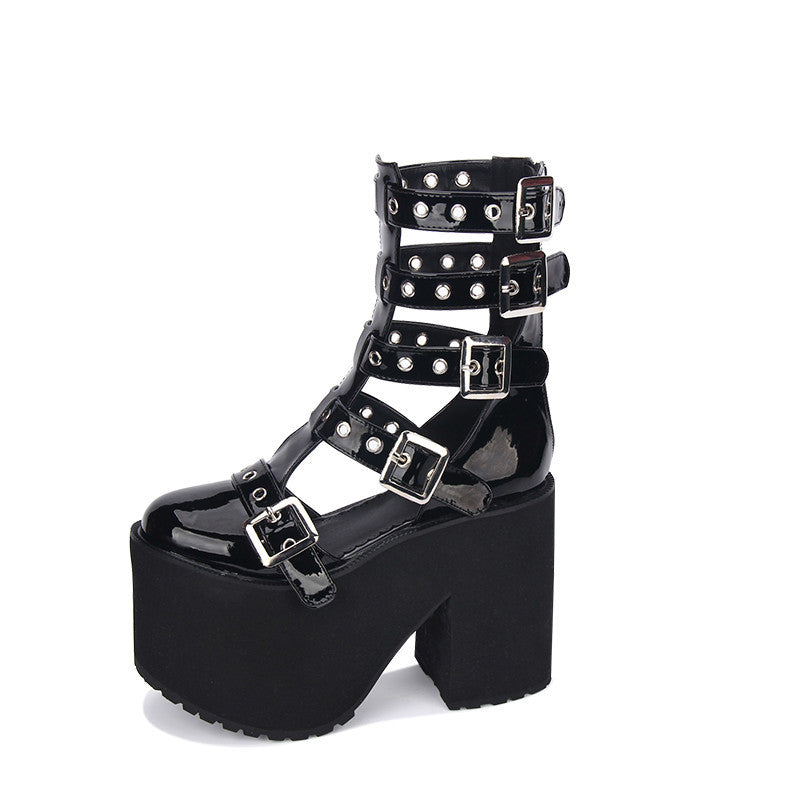 Zapatos de mujer con plataforma y hebilla de cinturón antideslizantes Cool Street de tubo alto punk oscuro