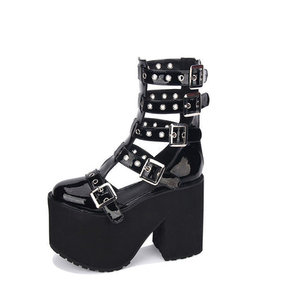 Chaussures pour femmes, Punk Dark High Tube Cool Street, boucle de ceinture antidérapante, plateforme