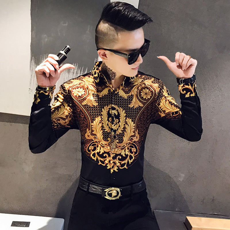 Spring and autumn new men's printed long-sleeved shirt slim shirt