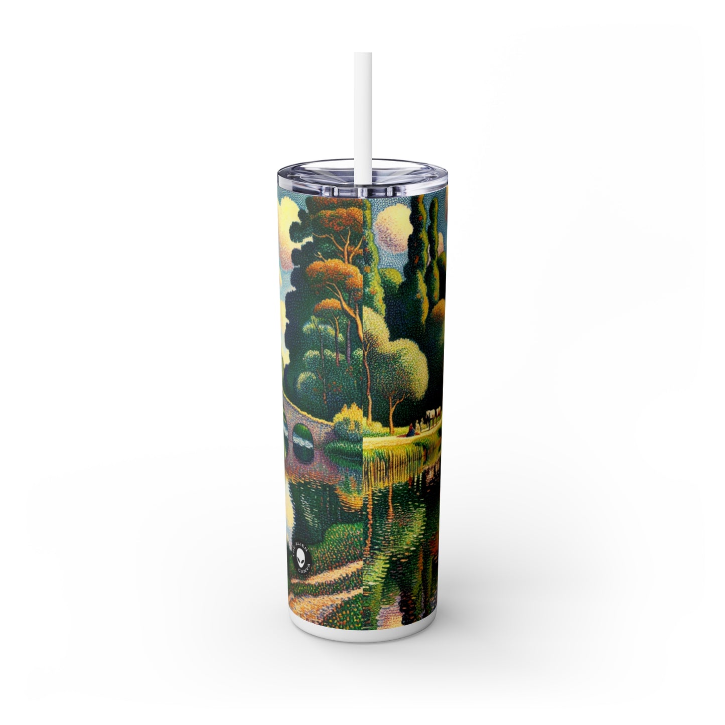 "Tranquil Sunset: A Pointillism Landscape" - The Alien Maars® Skinny Tumbler with Straw 20oz Pointillism