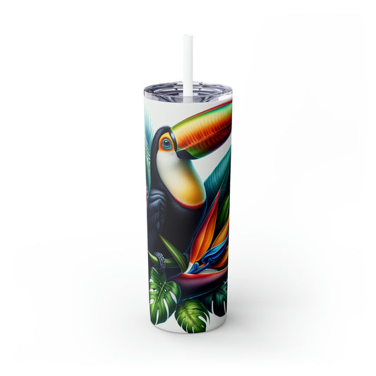 "Toucan on a Tropical Bloom" - The Alien Maars® Skinny Tumbler with Straw 20oz Hyperrealism Style