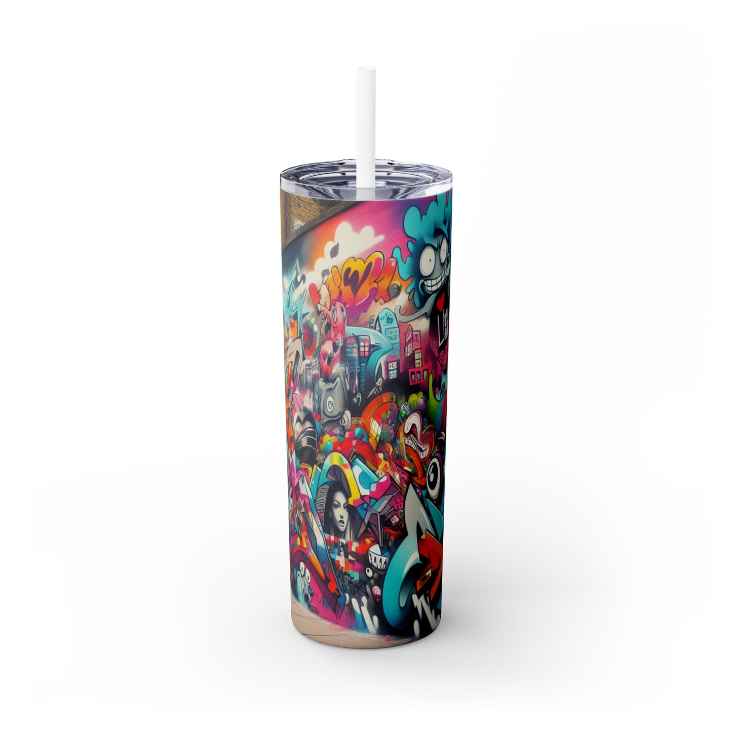 "Neon Horizon: The Vibrant Future Metropolis" - The Alien Maars® Skinny Tumbler with Straw 20oz Street Art / Graffiti