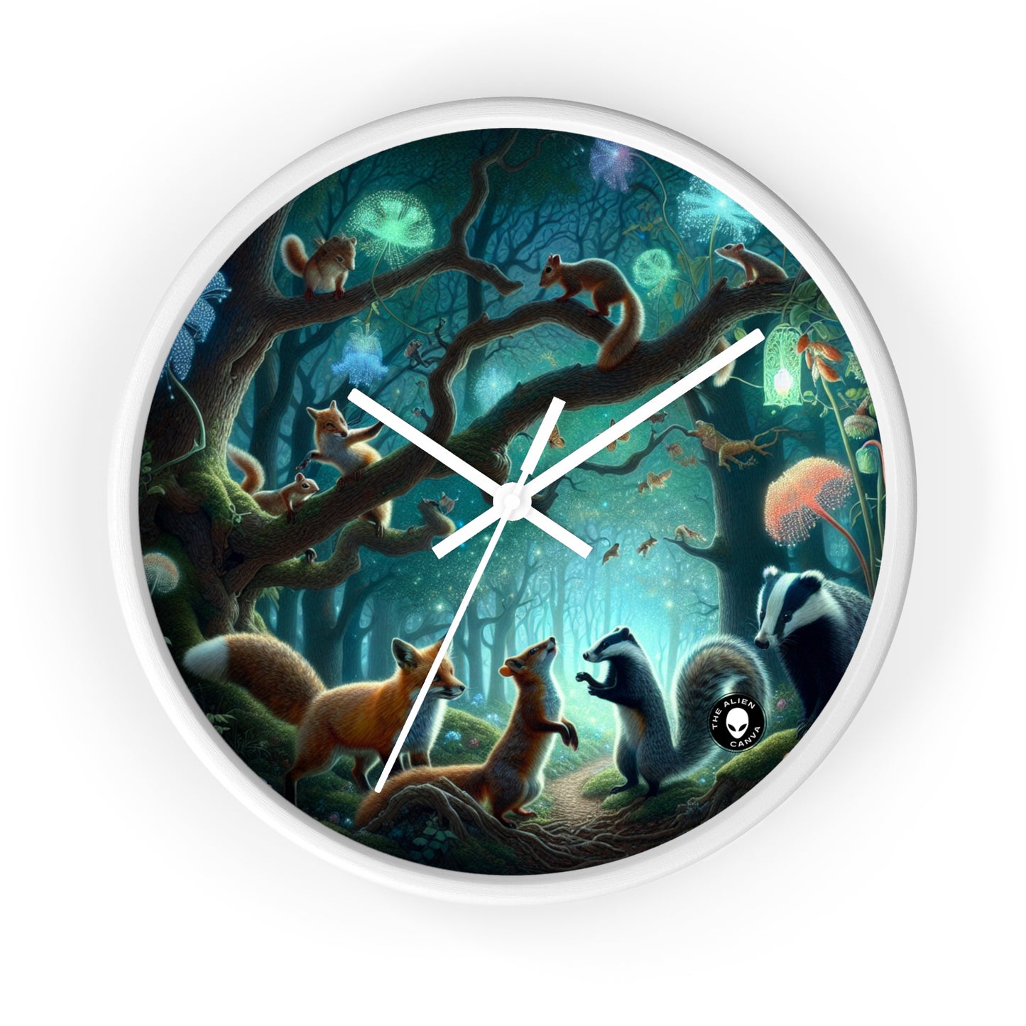 "Mystical Menagerie: Creatures frolicking in an enchanted forest" - The Alien Wall Clock