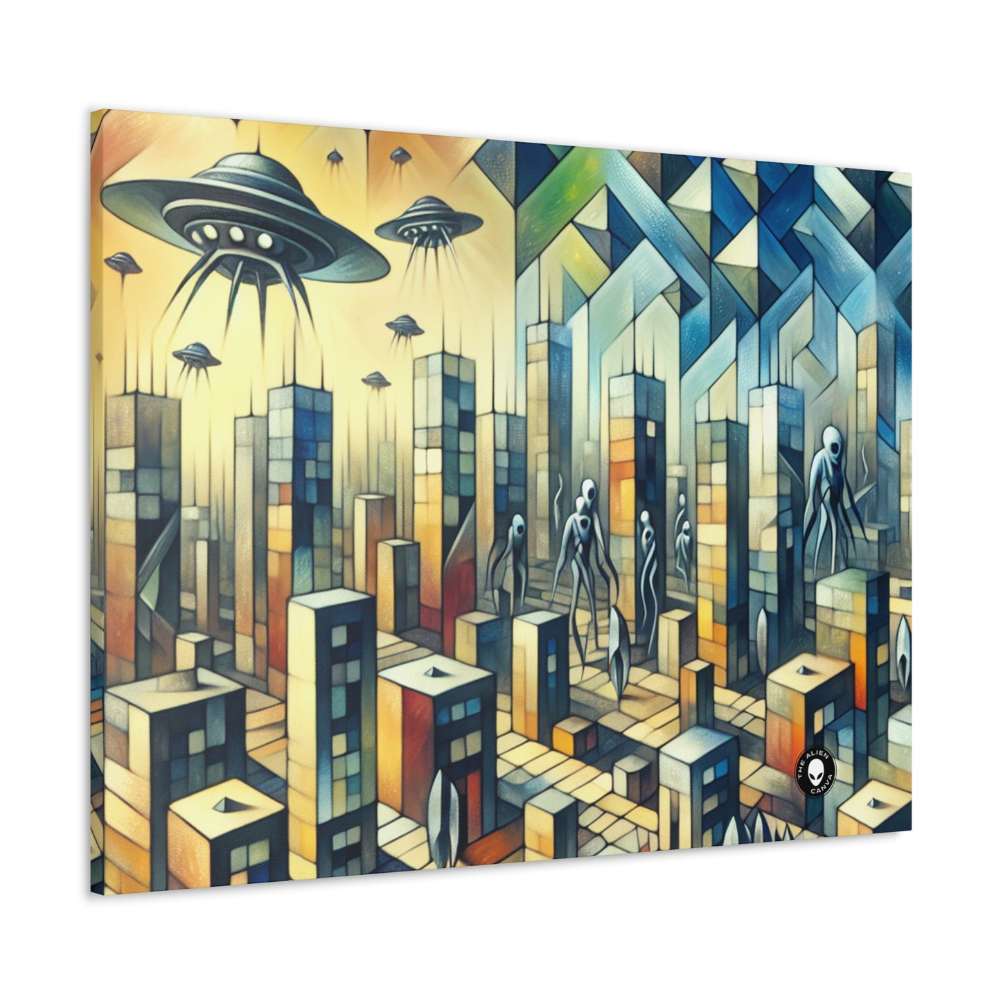 "Cubism in a Futuristic, Alien-Invaded City". - The Alien Canva A futristic city invaded by aliens in cubism art style