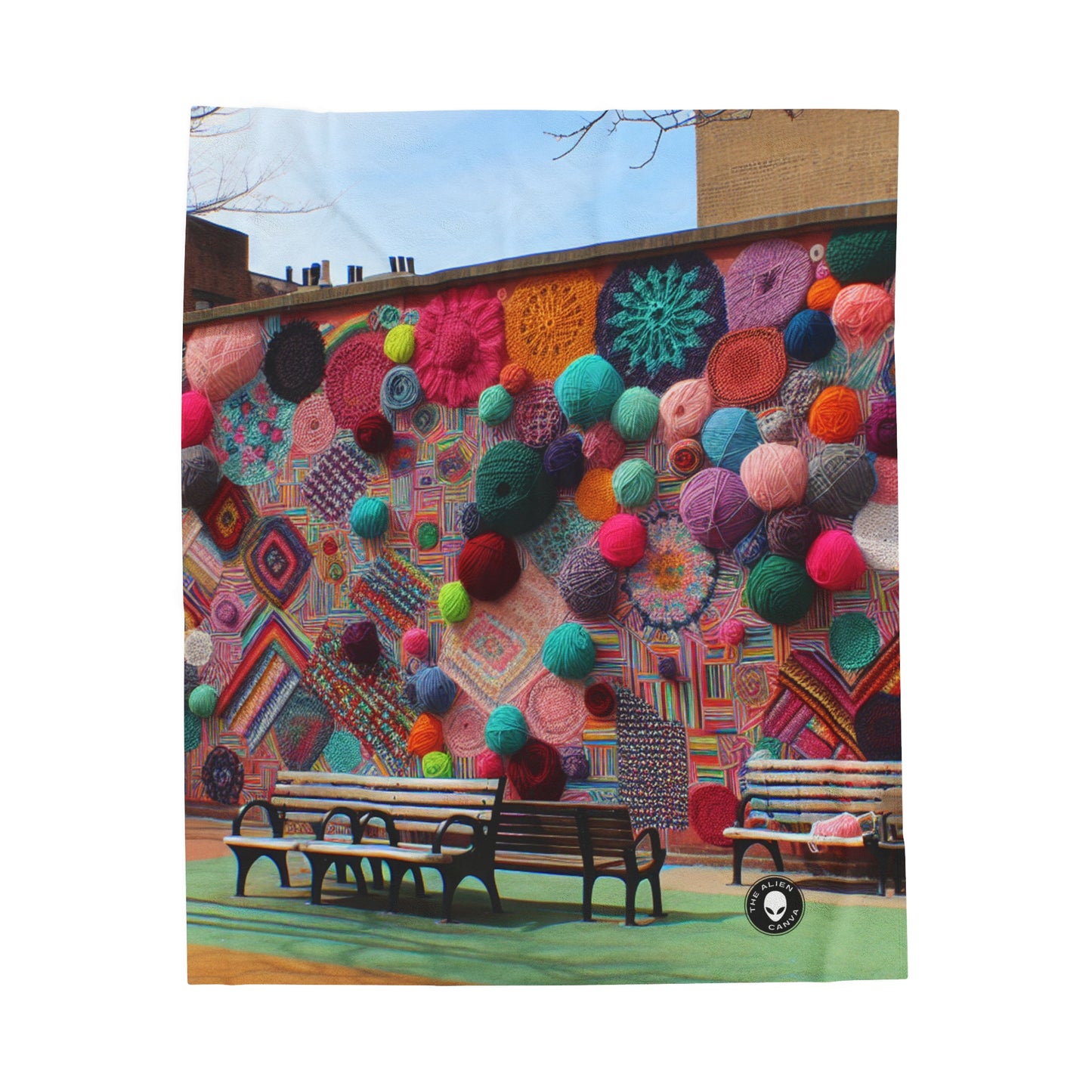 "Yarn of Joy: A Colorful Outdoor Mural" - La couverture en peluche Alien Velveteen Yarn Bombing (Fiber Art)