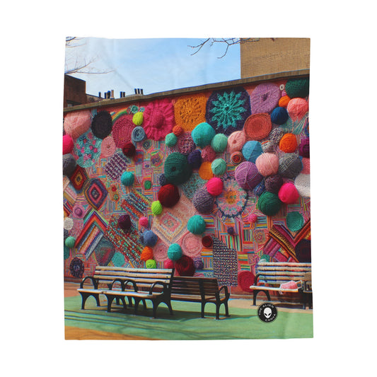 "Yarn of Joy: A Colorful Outdoor Mural" - The Alien Velveteen Plush Blanket Yarn Bombing (Fiber Art)