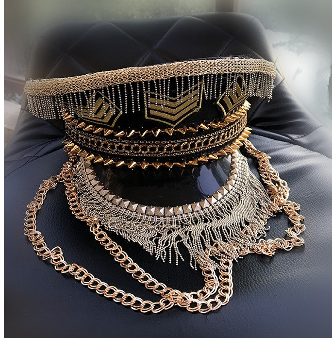 Handsome Punk Golden Rivets Metal Hat Fringe Decoration Punk Bar DJ Performance Singer