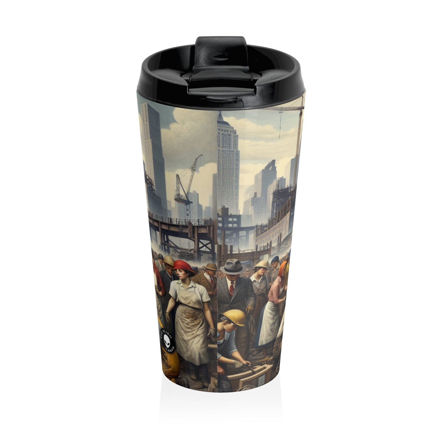 Title: "Unity in Action: Celebrating Solidarity's Triumph" - The Alien Stainless Steel Travel Mug Social Realism