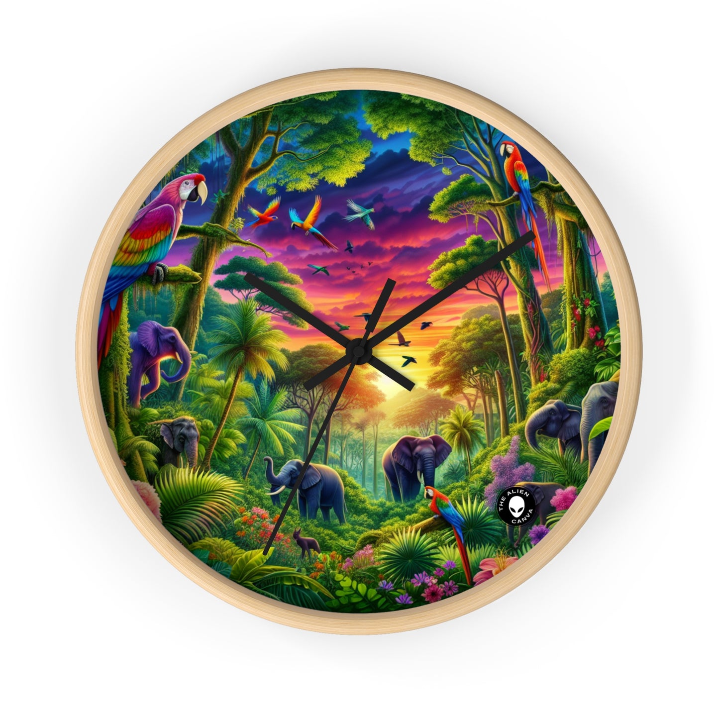 « Coucher de soleil dans la nature : une aventure dans la jungle arc-en-ciel » – L'horloge murale Alien