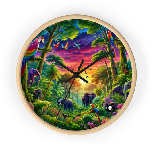 « Coucher de soleil dans la nature : une aventure dans la jungle arc-en-ciel » – L'horloge murale Alien