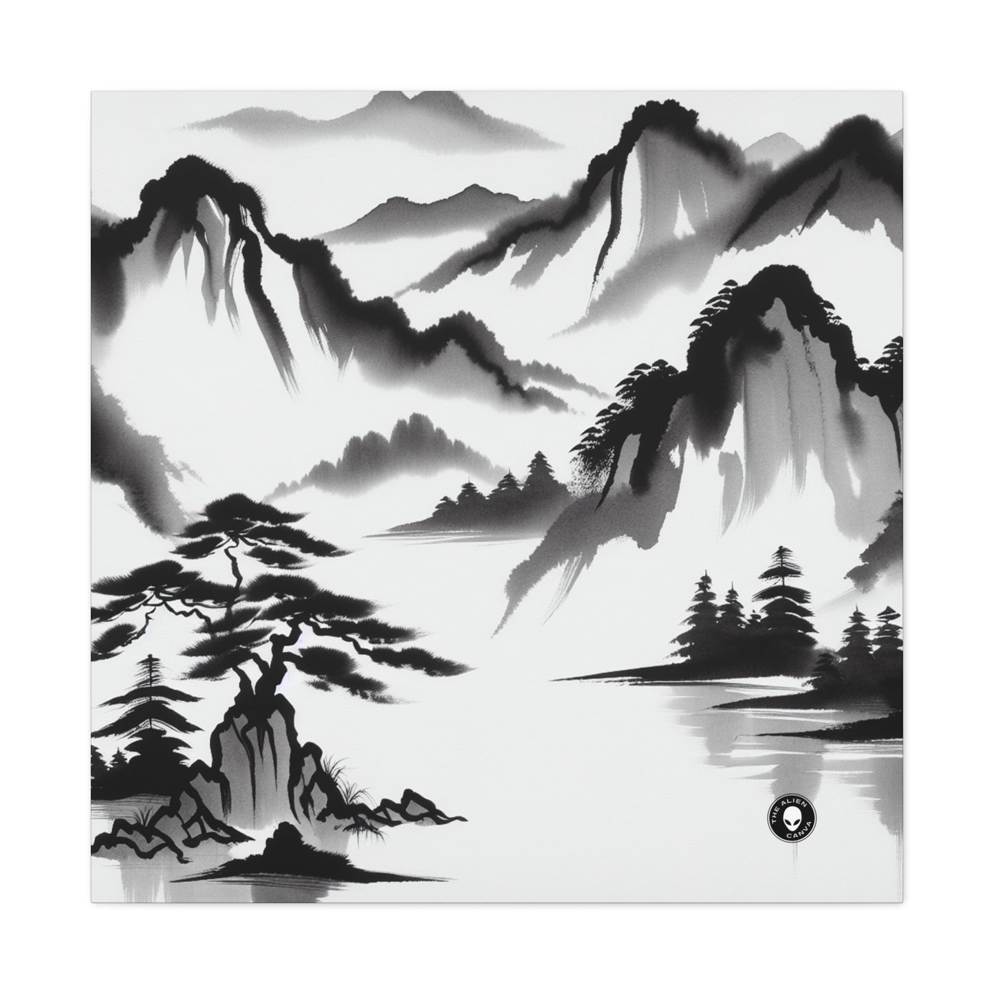 "Mountain Reflection: A Serene Zen Ink Painting" - The Alien Canva Zen Ink Painting