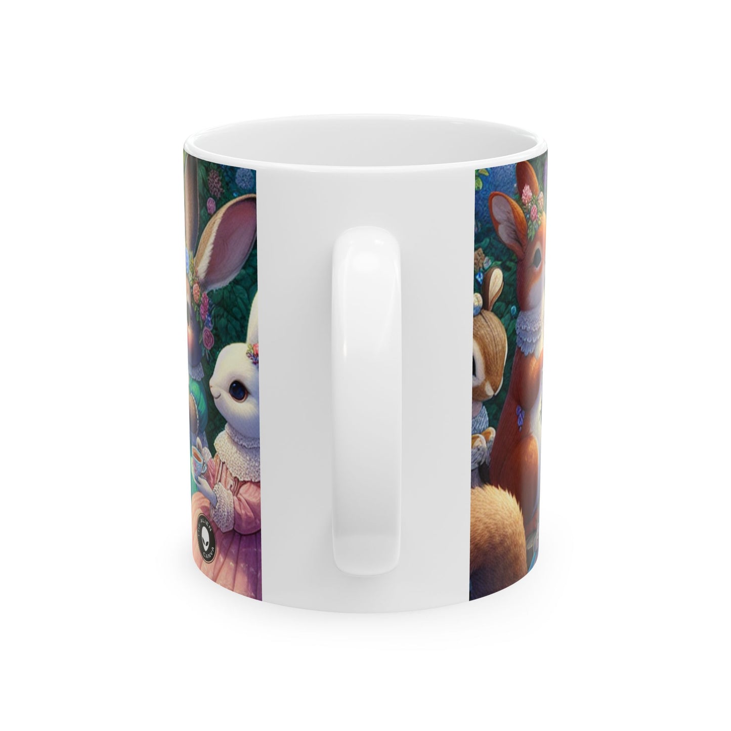 "Fiesta de té encantada en el claro del bosque" - Taza de cerámica alienígena de 11 oz