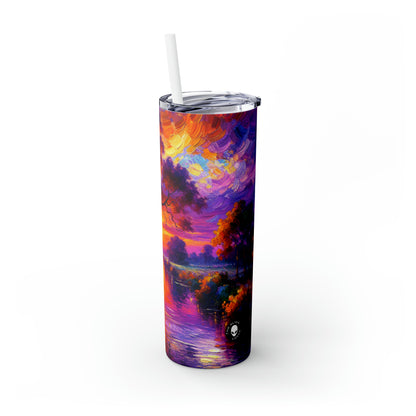 "Boulevards of Illumination: A Vibrant Post-Impressionist Cityscape" - The Alien Maars® Skinny Tumbler with Straw 20oz Post-Impressionism