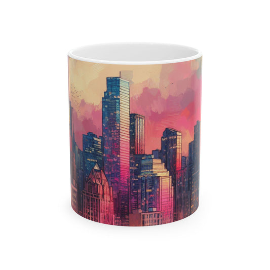 "Reflejos oscuros: horizonte de la ciudad al atardecer" - Taza de cerámica The Alien de 11 oz