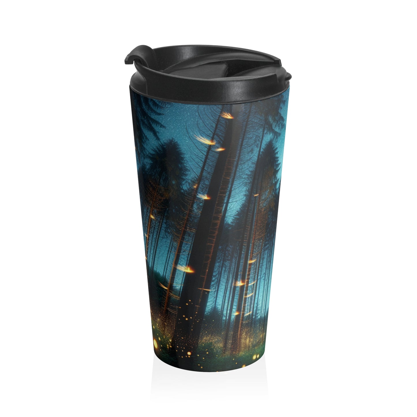 "Encantamiento del crepúsculo: Bosque de luciérnagas": taza de viaje de acero inoxidable de The Alien