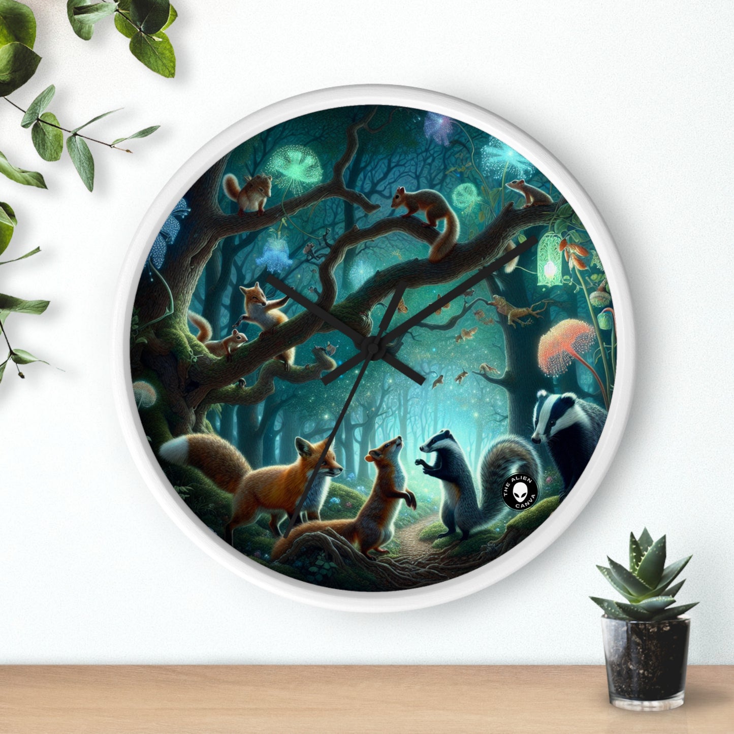 "Mystical Menagerie: Creatures frolicking in an enchanted forest" - The Alien Wall Clock