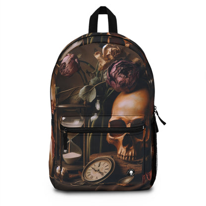 "Belleza fugaz: una vibrante pintura de Vanitas que representa el paso del tiempo y la naturaleza transitoria de la vida" - The Alien Backpack Vanitas Painting