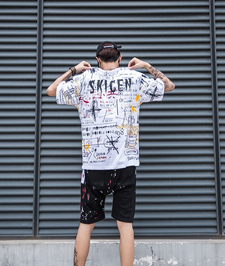 Haut manches courtes graffiti T-shirt homme tendance hip hop oversize ample demi manches 