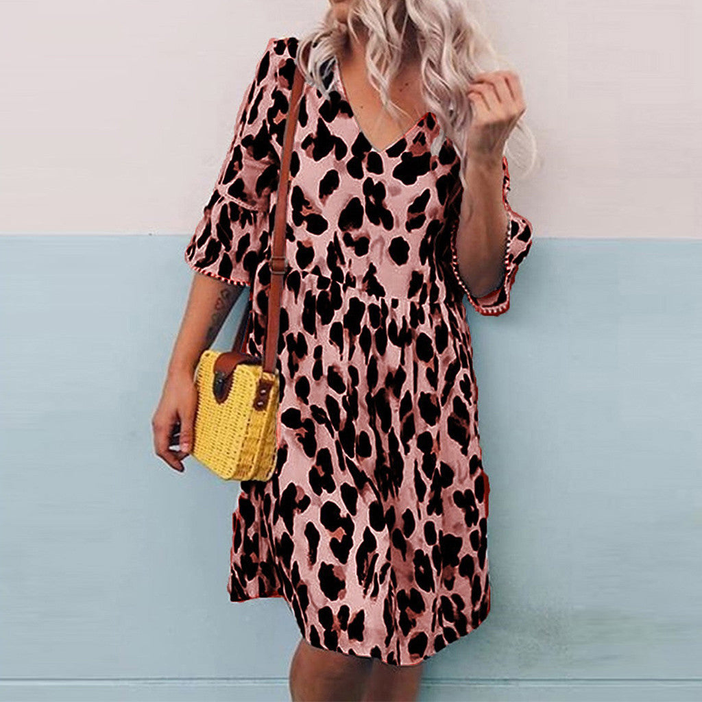 V-neck print leopard print dress