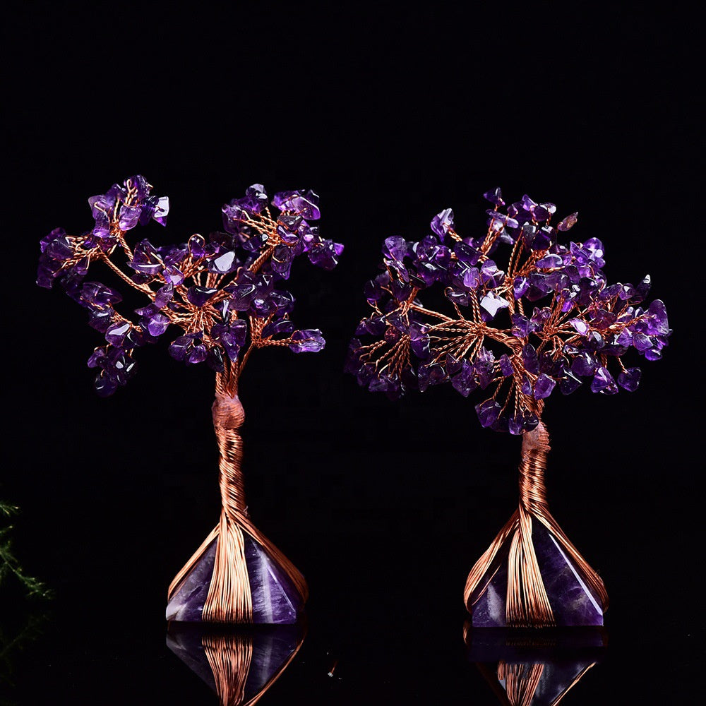 Arbre d'argent en cristal de guérison avec Base de pyramide d'améthyste de rêve, décoration de maison et de bureau pour la richesse et la chance