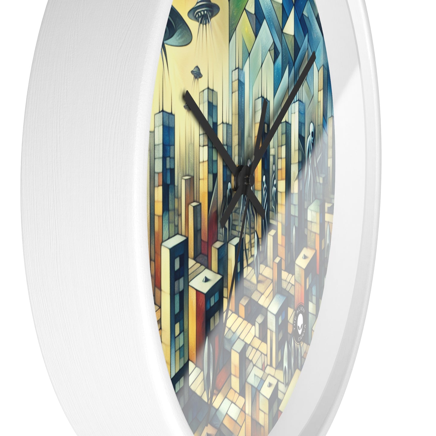 "Cubisme dans une ville futuriste envahie par des extraterrestres". - The Alien Wall Clock Une ville futuriste envahie par des extraterrestres dans un style artistique cubiste