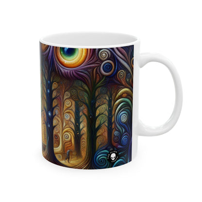 "Bosque arcoíris encantado": taza de cerámica alienígena de 11 oz