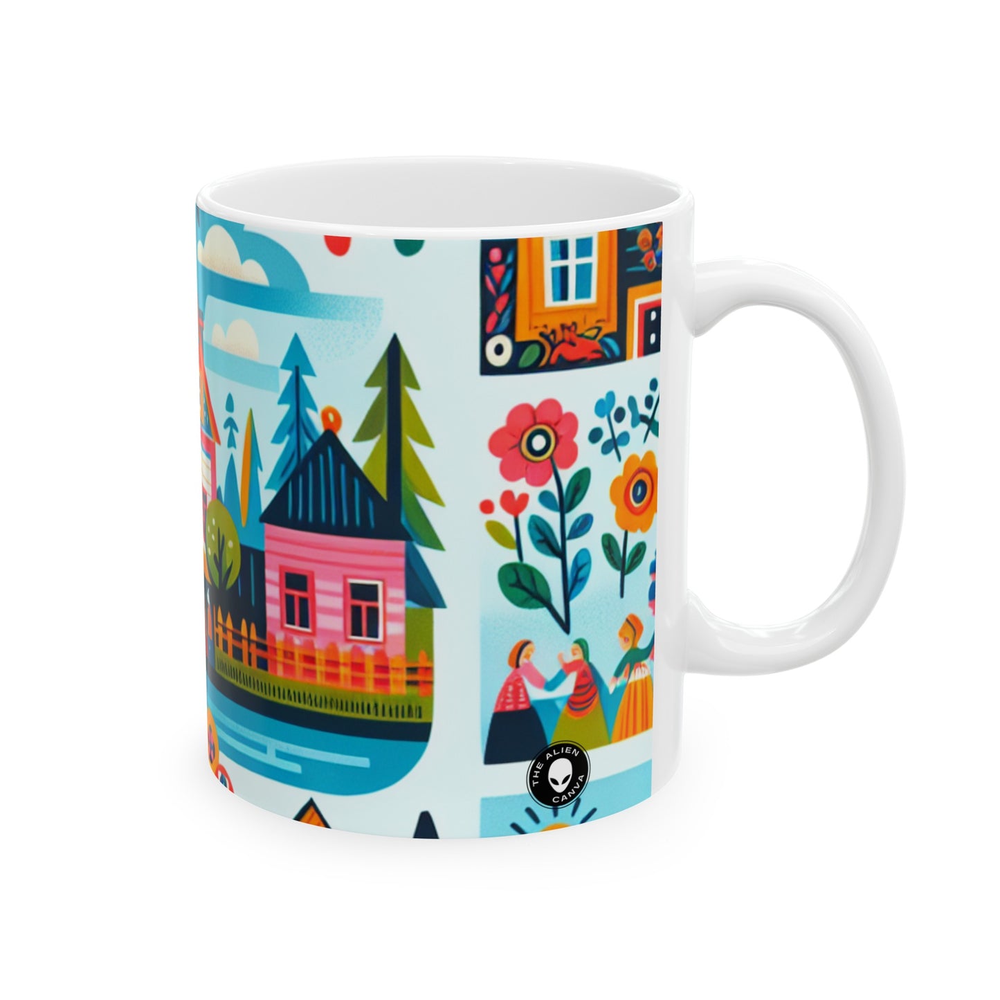 "Whimsical Village: A Folk Art Fairytale" - La taza de cerámica alienígena 11oz Folk Art