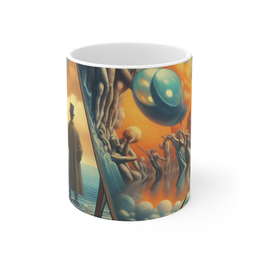 Sueños caprichosos: desafiando la gravedad en el abismo celestial - La taza de cerámica alienígena 11oz Surrealismo