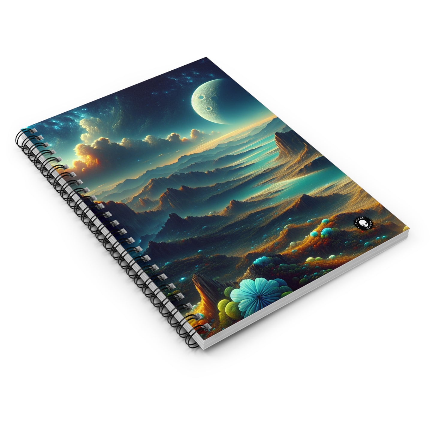 "Un Sueño Extraño: Un Mundo Desconocido en Detalle" - The Alien Spiral Notebook (Ruled Line) planetas no descubiertos en estilo hiperrealista