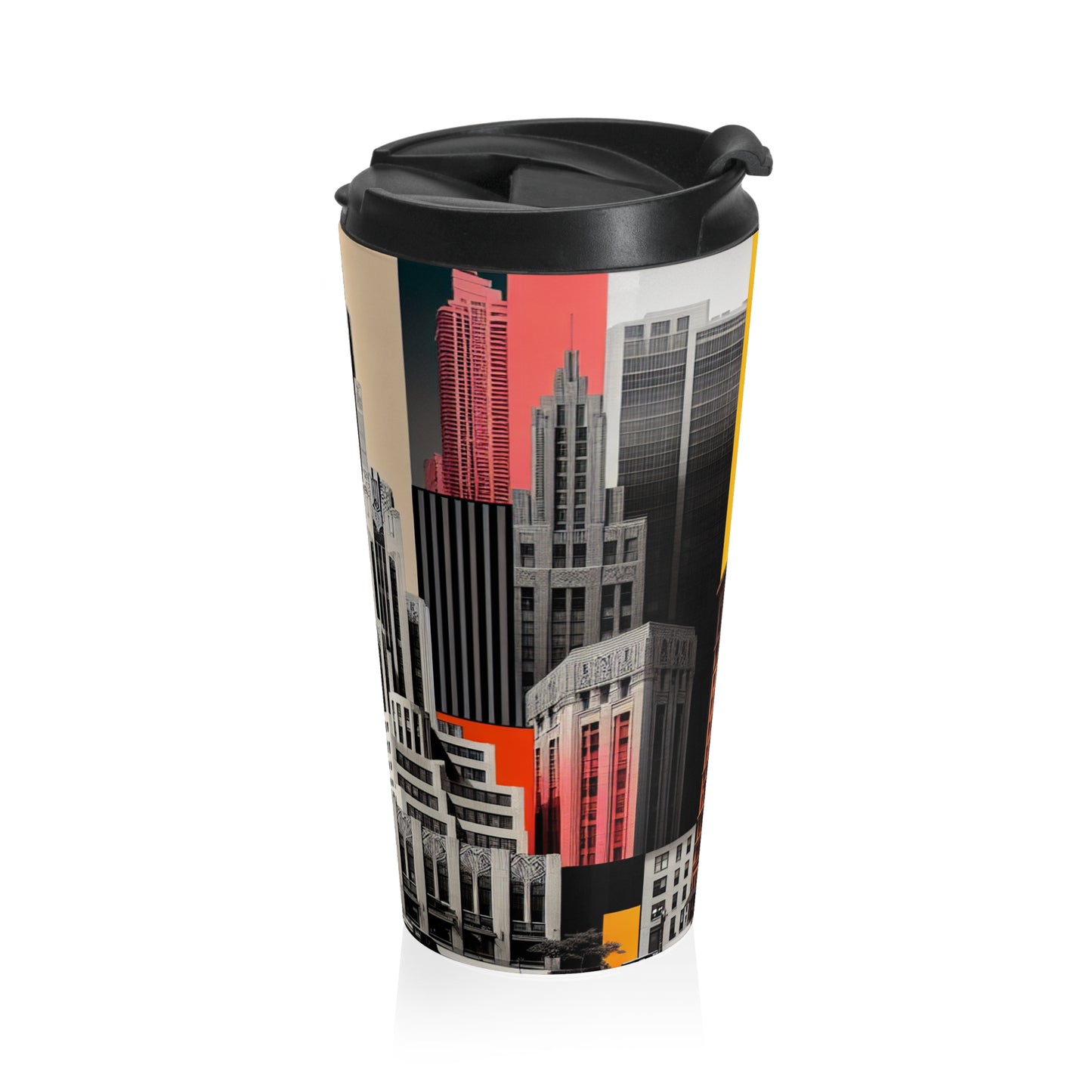 "Un contraste des temps : des gratte-ciel Art déco classiques et un paysage urbain moderne" - La tasse de voyage Alien en acier inoxydable de style Art déco