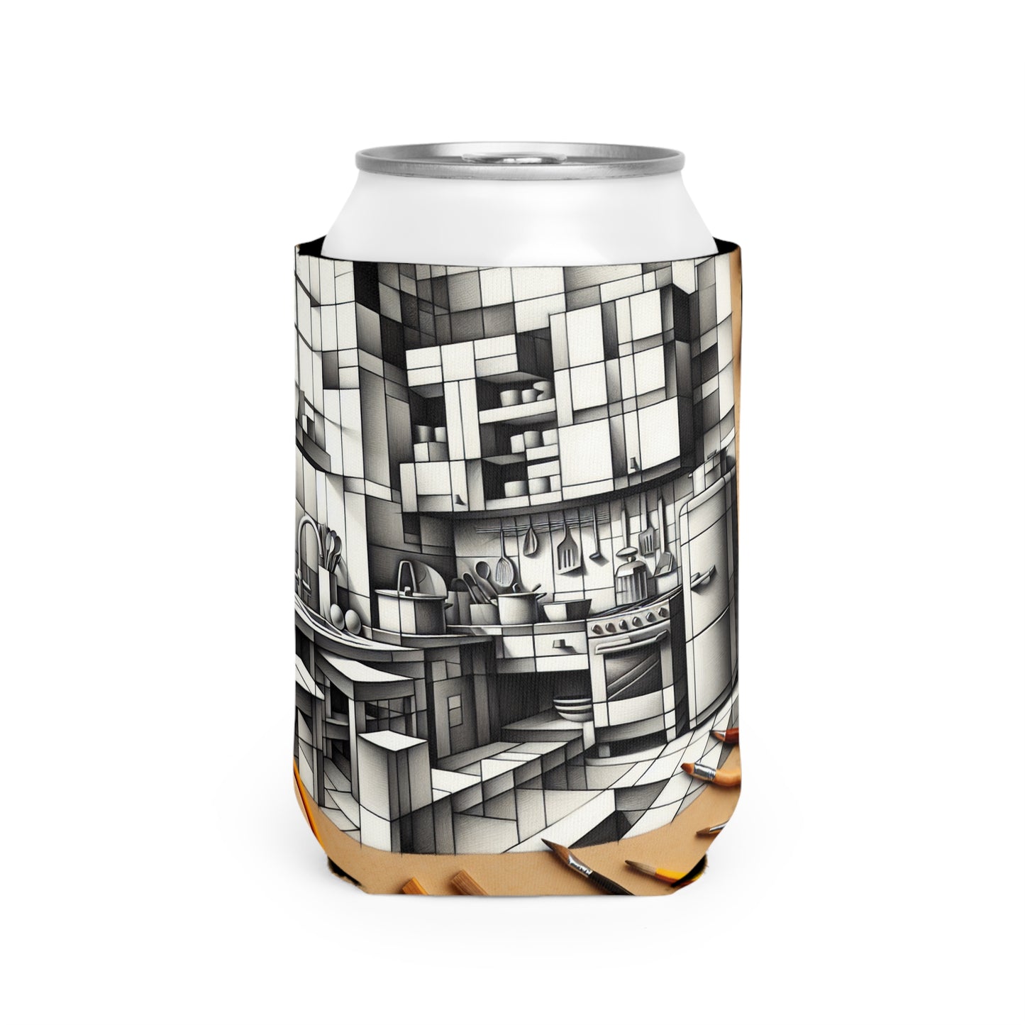 "Cubist Kitchen Collage" - The Alien Can Cooler Sleeve Cubism Style