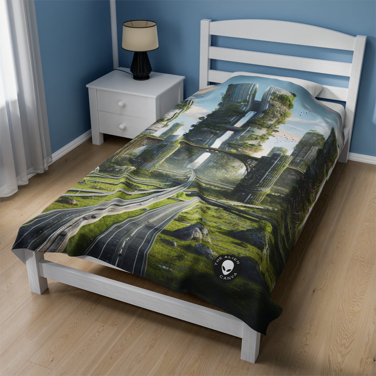 "Nature's Reclamation: A Futuristic Cityscape" - The Alien Velveteen Plush Blanket