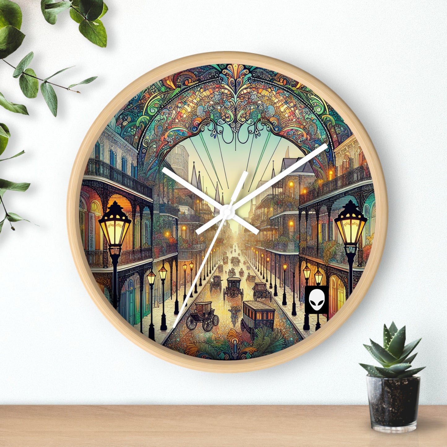 "Vivid Splendor: Une image du quartier français de la Nouvelle-Orléans" - L'horloge murale Alien de style Art Nouveau