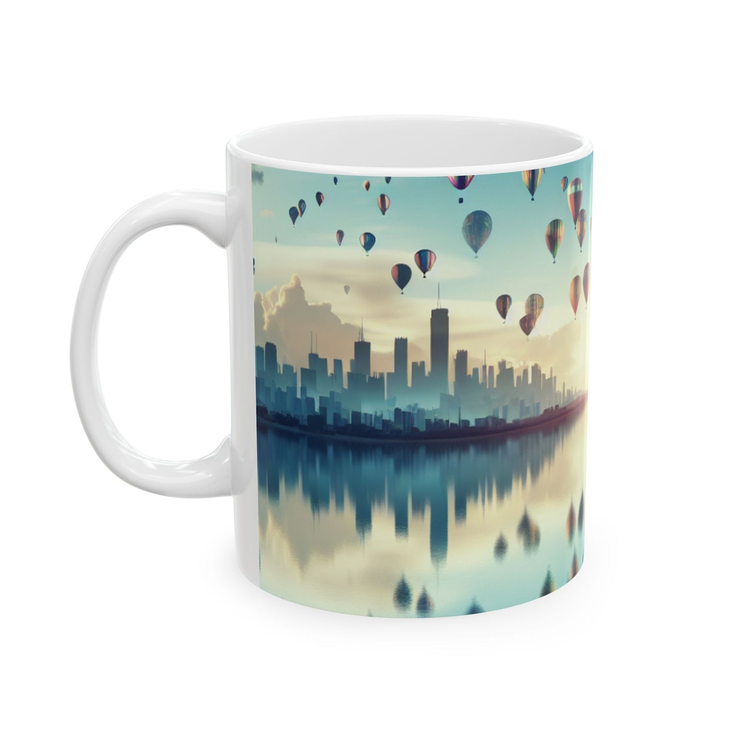 "Metrópoli reflejada: un lago de sueños" - Taza de cerámica The Alien 11oz