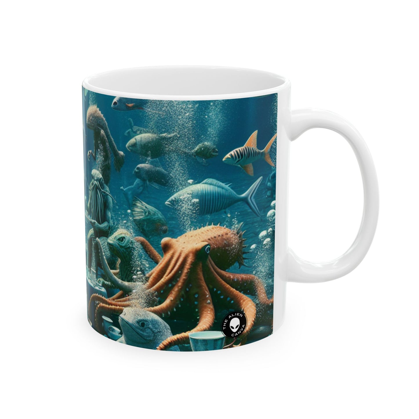 "La hora del té en el mar azul profundo" - Taza de cerámica alienígena de 11 oz