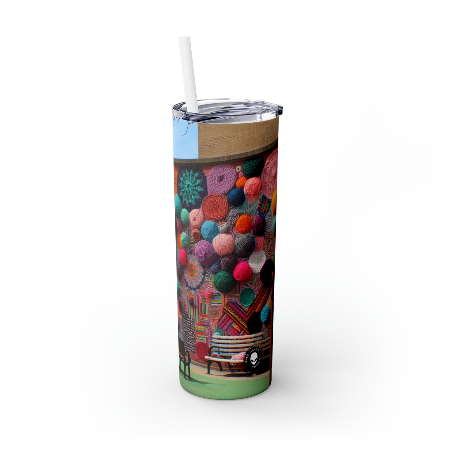 "Yarn of Joy: A Colorful Outdoor Mural" - The Alien Maars® Skinny Tumbler with Straw 20oz Yarn Bombing (Fiber Art)