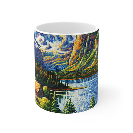 "Coucher de soleil tranquille : un chef-d'œuvre pointilliste d'une campagne sereine" - La tasse en céramique Alien 11oz Pointillisme