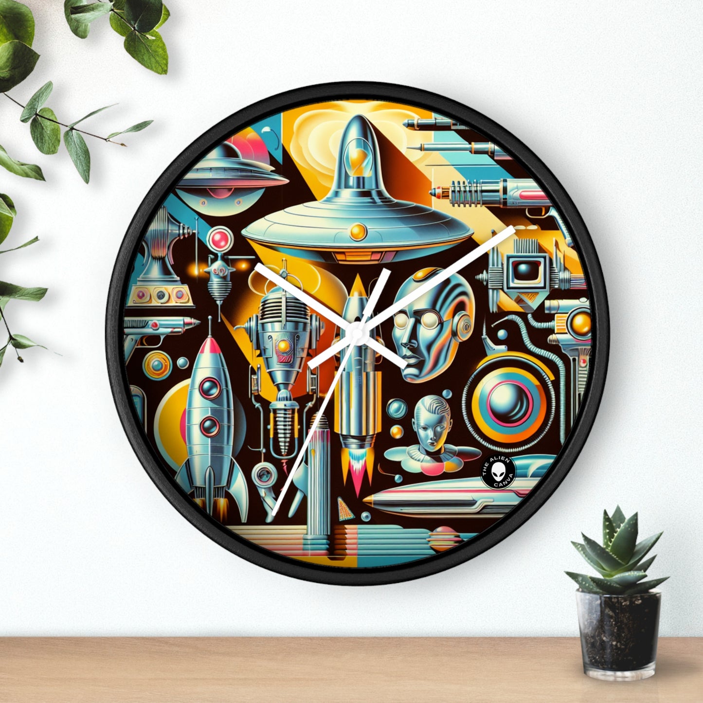 "Neon Deco: Una utopía retrofuturista" - El reloj de pared alienígena Retrofuturismo