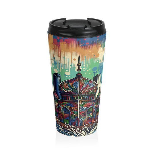 "Bright City: A Pop of Color on the Skyline" - The Alien Stainless Steel Travel Mug Street Art / Graffiti Style