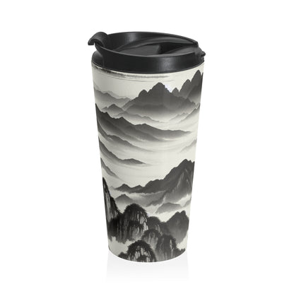 "Misty Peaks in the Fog" - The Alien Tasse de voyage en acier inoxydable Style peinture à l'encre