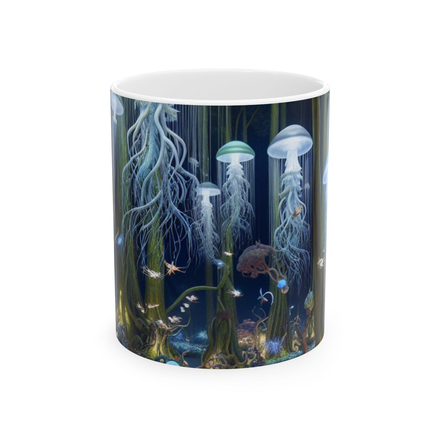 "Jellyfish Grove: Un bosque de fantasía luminiscente" - Taza de cerámica The Alien de 11 oz