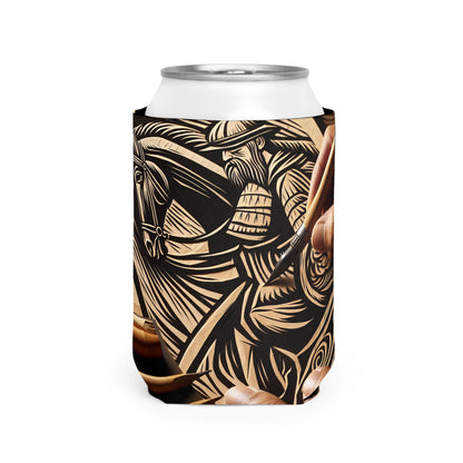 "Enchanting Shadows: A Woodcut Print of the Dancing Northern Lights" - The Alien Can Cooler Sleeve Woodcut Printing